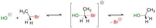 Замещение брома на гидроксид в молекуле бромэтана