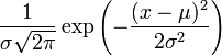 \frac{1}{\sigma\sqrt{2\pi}}\exp\left(-\frac{(x-\mu)^2}{2\sigma^2}\right)