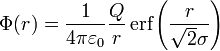  \Phi(r) = { 1 \over 4 \pi \varepsilon_0 } \frac{Q}{r}\,\mbox{erf}\left(\frac{r}{\sqrt{2}\sigma}\right)
