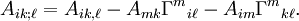  A_{ik;\ell} = A_{ik,\ell} - A_{mk} \Gamma^m {}_{i\ell} - A_{im} \Gamma^m {}_{k\ell}. \ 