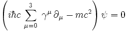 \left(i\hbar c \, \sum_{\mu=0}^3 \; \gamma^\mu \, \partial_\mu - mc^2 \right) \psi = 0