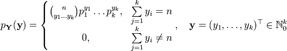 p_{\mathbf{Y}}(\mathbf{y}) = \left\{
\begin{matrix}
{n \choose {y_1 \ldots y_k}} p_1^{y_1}\ldots p_k^{y_k}, &amp;amp; \sum\limits_{j=1}^k y_i = n \\
0, &amp;amp; \sum\limits_{j=1}^k y_i \not= n 
\end{matrix}
\right., \quad \mathbf{y} = (y_1,\ldots, y_k)^{\top} \in \mathbb{N}^k_0