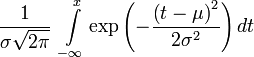 \frac1{\sigma\sqrt{2\pi}}\;\int\limits_{-\infin}^{x} \exp\left(-\frac{\left(t-\mu\right)^2}{2\sigma^2} \right) dt\!