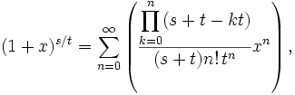 
(1+x)^{s/t} = \sum_{n=0}^\infty \left(\frac{\displaystyle\prod_{k=0}^n (s+t-kt)}{(s+t)n!\,t^n}x^n\right),
