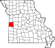 A state map highlighting Bates County in the western part of the state.