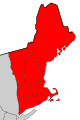 "A close-up image showing all six of the New England states highlighted in red on a political map."