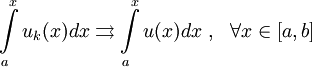 \ \int\limits_{a}^{x} {u_k}(x)dx \rightrightarrows \int\limits_{a}^{x} u(x)dx~,~~\forall x \in [a,b]