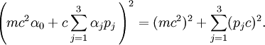  \left( mc^2 \alpha_0 + c \sum_{j=1}^3 \alpha_j p_j \,\right)^2 
= (mc^2)^2 + \sum_{j=1}^3 (p_jc)^2. 