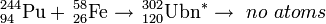 \,^{244}_{94}\mathrm{Pu} +  \,^{58}_{26}\mathrm{Fe} \to \,^{302}_{120}\mathrm{Ubn} ^{*} \to \   
 no \ atoms