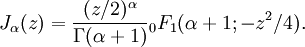 J_\alpha(z)=\frac<(z/2)^\alpha></noscript> <\Gamma(\alpha+1)><>_0F_1 (\alpha+1; -z^2/4).» width=»» height=»»/></p> <p>Таким образом, при целых <i>n</i> функция Бесселя <i>однозначная аналитическая</i>, а при нецелых — <i>многозначная аналитическая</i>.</p> <h3>Производящая функция</h3> <p>Существует представление для функций Бесселя первого рода и целого порядка через коэффициенты ряда Лорана функции определённого вида, а именно</p> <p><img src=