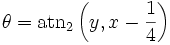  \theta = \hbox{atn}_2 \left( y, x - {1 \over 4} \right)