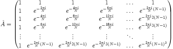 
\hat A = \begin{pmatrix}
1	&amp;amp;1	&amp;amp;1	&amp;amp;1	&amp;amp;\ldots	&amp;amp;1 \\
1	&amp;amp;e^{-\frac{2\pi i}{N}}	&amp;amp;e^{-\frac{4\pi i}{N}}	&amp;amp;e^{-\frac{6\pi i}{N}}	&amp;amp;\ldots	&amp;amp;e^{-\frac{2\pi i}{N}(N-1)}\\
1	&amp;amp;e^{-\frac{4\pi i}{N}}	&amp;amp;e^{-\frac{8\pi i}{N}}	&amp;amp;e^{-\frac{12\pi i}{N}}	&amp;amp;\ldots	&amp;amp;e^{-\frac{2\pi i}{N}2(N-1)}\\
1	&amp;amp;e^{-\frac{6\pi i}{N}}	&amp;amp;e^{-\frac{12\pi i}{N}}	&amp;amp;e^{-\frac{18\pi i}{N}}	&amp;amp;\ldots	&amp;amp;e^{-\frac{2\pi i}{N}3(N-1)}\\
\vdots	&amp;amp;\vdots	&amp;amp;\vdots	&amp;amp;\vdots	&amp;amp;\ddots	&amp;amp;\vdots\\
1	&amp;amp;e^{-\frac{2\pi i}{N}(N-1)}	&amp;amp;e^{-\frac{2\pi i}{N}2(N-1)}	&amp;amp;e^{-\frac{2\pi i}{N}3(N-1)}	&amp;amp;\ldots	&amp;amp;e^{-\frac{2\pi i}{N}(N-1)^2}
\end{pmatrix}
