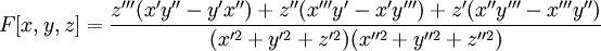 F[x,y,z]=\frac{z'''(x'y''-y'x'')+z''(x'''y'-x'y''')+z'(x''y'''-x'''y'')}{(x'^2+y'^2+z'^2)(x''^2+y''^2+z''^2)}