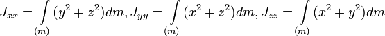 ~J_{xx}=\int\limits_{(m)} (y^2+z^2)dm , J_{yy}=\int\limits_{(m)} (x^2+z^2)dm,  J_{zz}=\int\limits_{(m)} (x^2+y^2)dm 