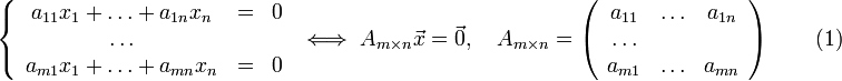 \left\<\begin</p> <p>Однородной системой линейных уравнений называется система вида: <br /> a_x_1+\ldots+a_x_n &amp;amp;=&amp;amp; 0 \\ \ldots &amp;amp; &amp;amp; \\ a_x_1+\ldots+a_x_n &amp;amp;=&amp;amp; 0 \end\right.\iff A_\vec=\vec,\quad A_=\left(\begina_ &amp;amp; \ldots &amp;amp; a_\\ \ldots &amp;amp; &amp;amp; \\ a_ &amp;amp; \ldots &amp;amp; a_\end\right)\qquad (1)» width=»» height=»» /></p> <p><img decoding=