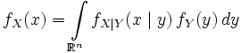f_X(x) = \int\limits_{\mathbb{R}^n} f_{X \mid Y}(x\mid y)\, f_Y(y)\, dy